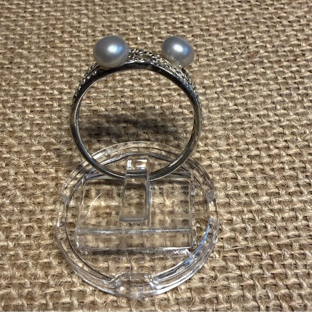 NATALIYA V COLLISTER Sterling silver gray button pearls clear CZ ring, size 9